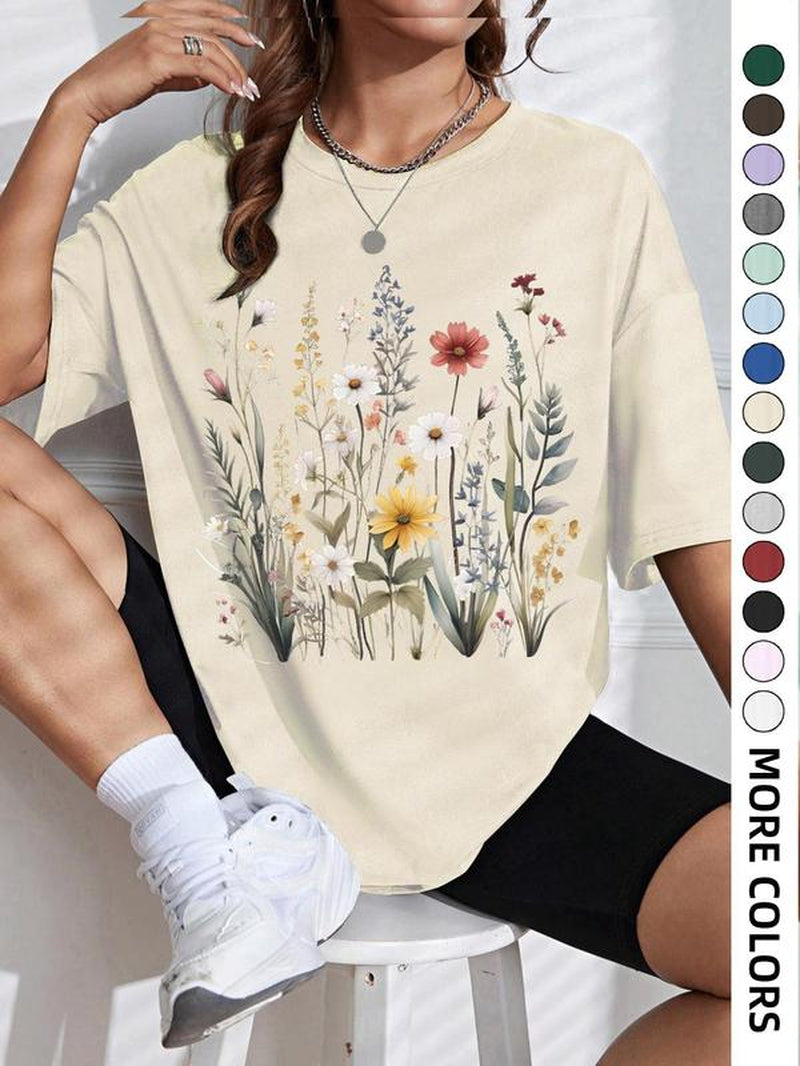 Women'S Floral Print round Neck Tee, Casual Drop Shoulder Short Sleeve T-Shirt, Ladies Summer Clothes, Tops for Women, Clothing